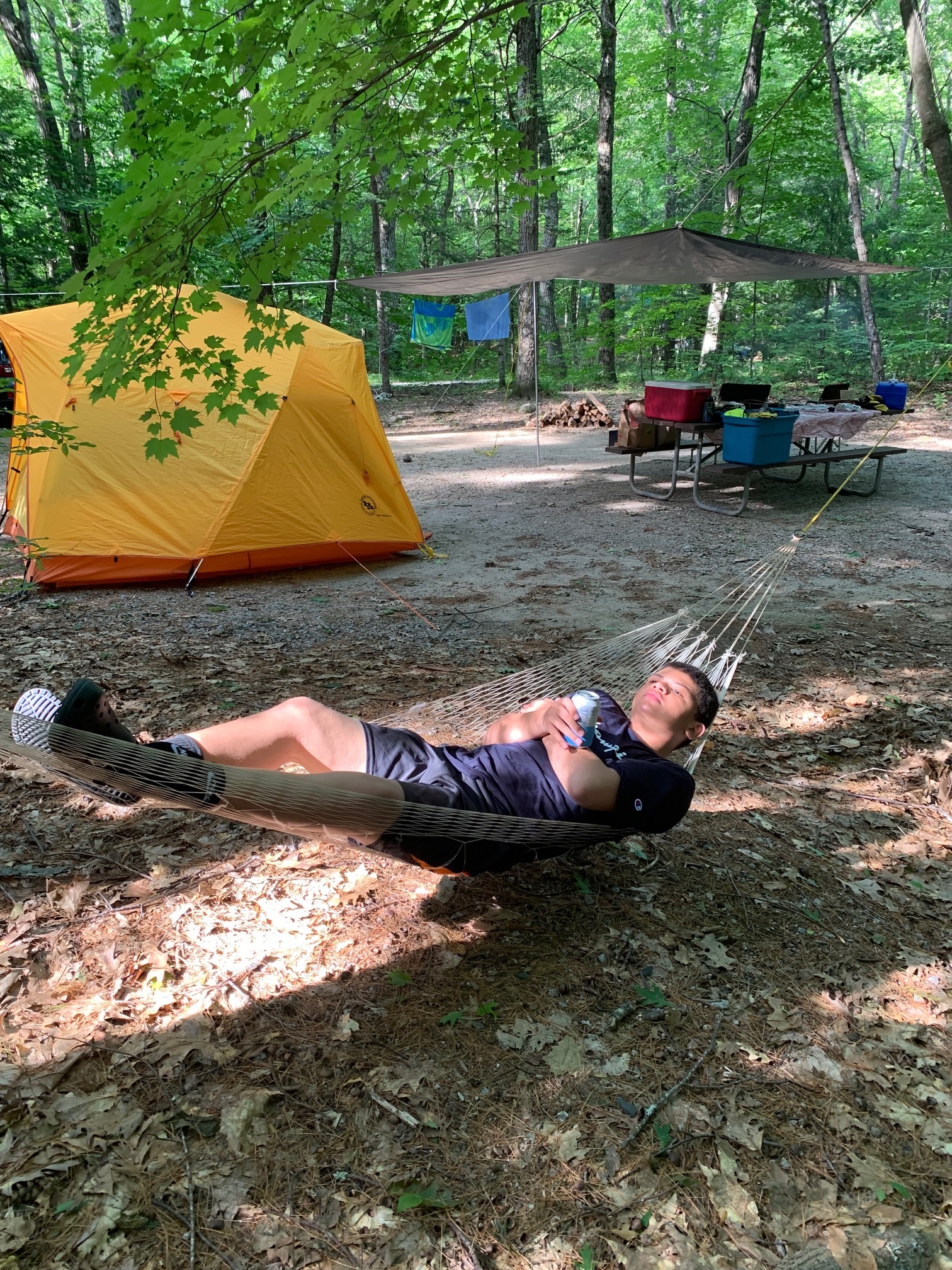 Chance laying on a hammock in a spot of sunlight, with a campsite and tent in the background