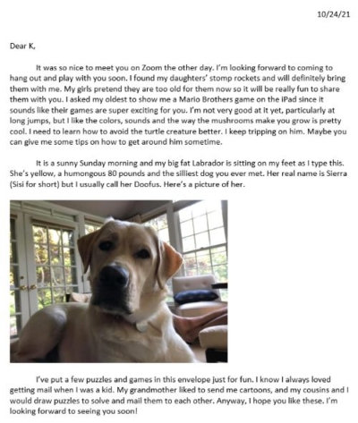 Letter from mentor Beth to mentee K with photo of dog