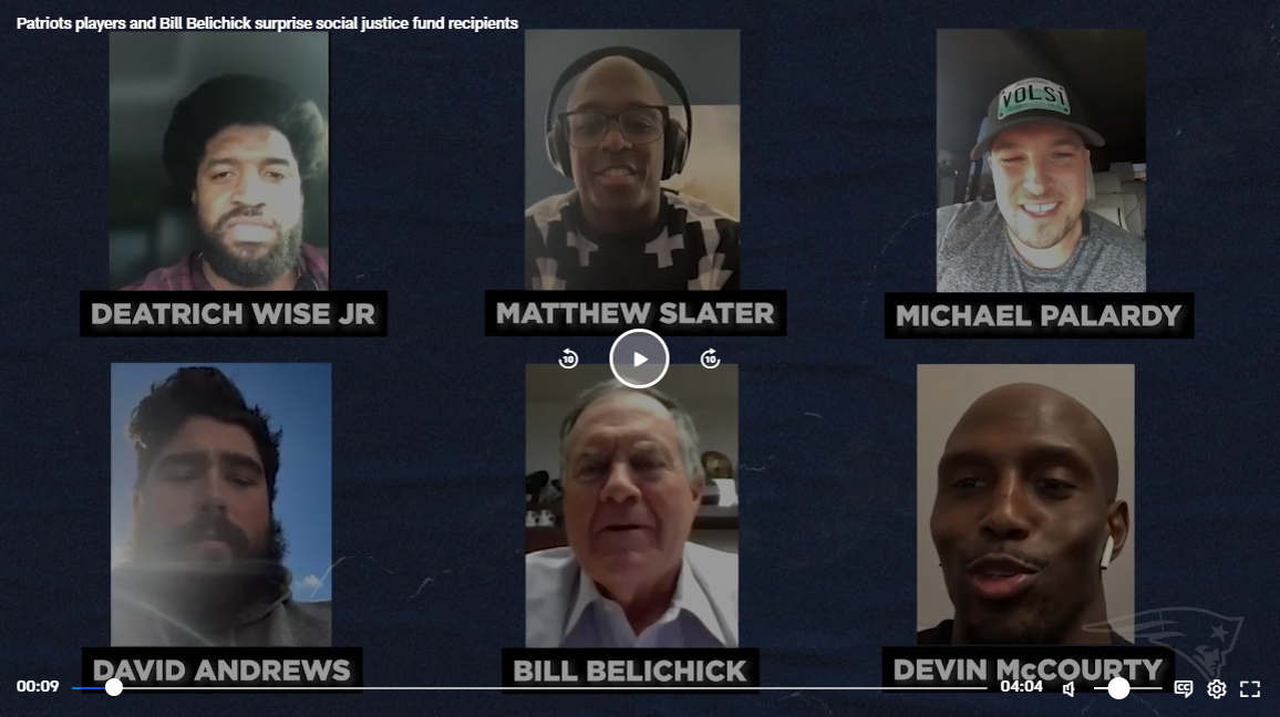 Patriots players and coach Bill Belichick on a video call
