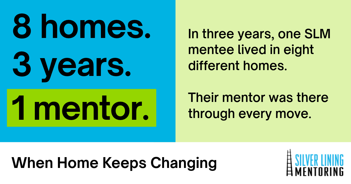 Silver Lining Mentoring graphic. Large text reads “8 homes. 3 years. 1 mentor.” Beside it: “In three years, one SLM mentee lived in eight different homes. Their mentor was there through every move.” Below is the title “When Home Keeps Changing” and the Silver Lining Mentoring logo.